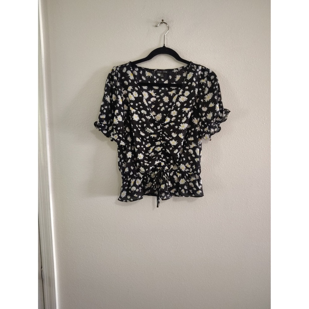 Moa Moa Womens XL Black Daisy Floral Ruched Front Peplum Top Short Sleeve Blouse